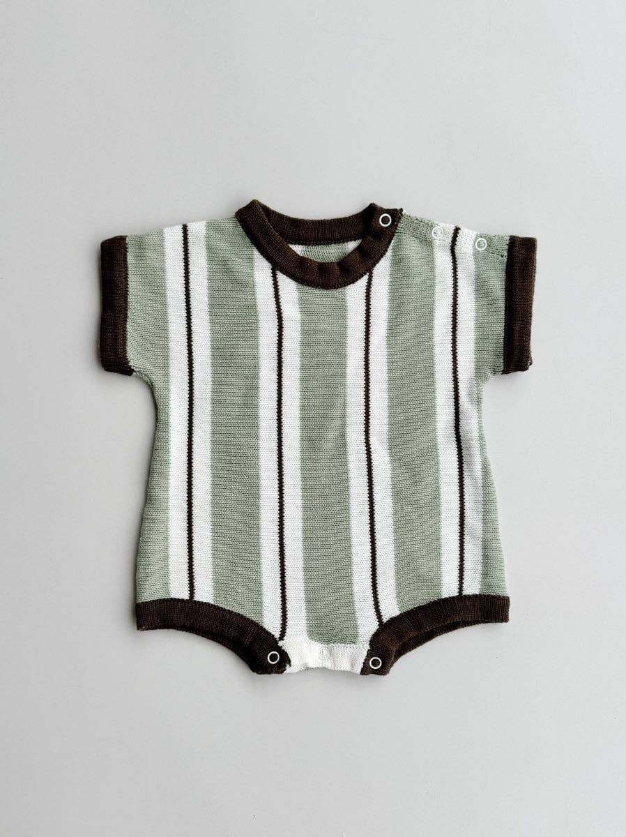 Freckles Retro Stripe Romper in Wildwood laid flat, sage and snow stripes with moss trims