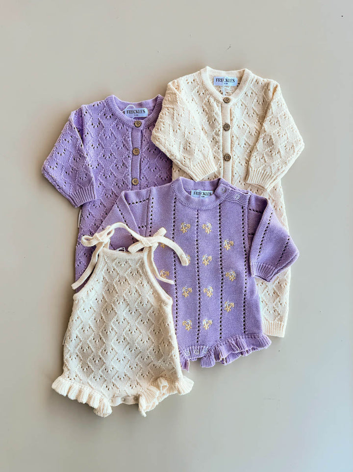 Freckles pointelle pieces in Aster and Snow laid together (other pieces sold separately)