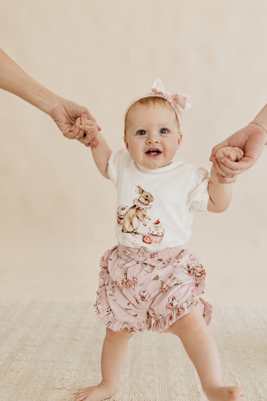 Confetti Kidz Ruffle Shorties in Sugar Bunnies, worn with the matching tee (tee not included)