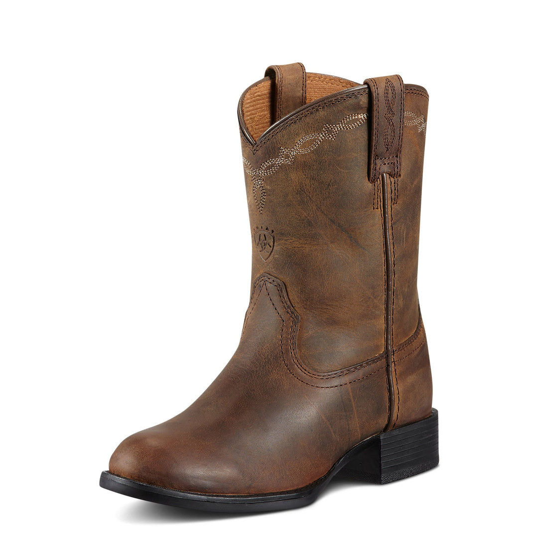 Ariat Kids Heritage Roper boot in distressed brown leather, front three-quarter view