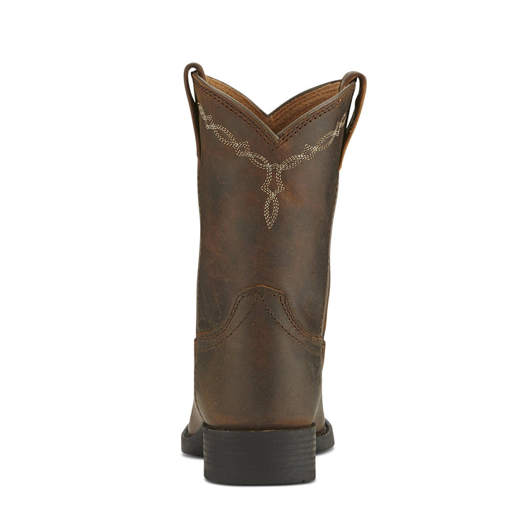 Ariat Kids Heritage Roper boot in distressed brown leather, heel view