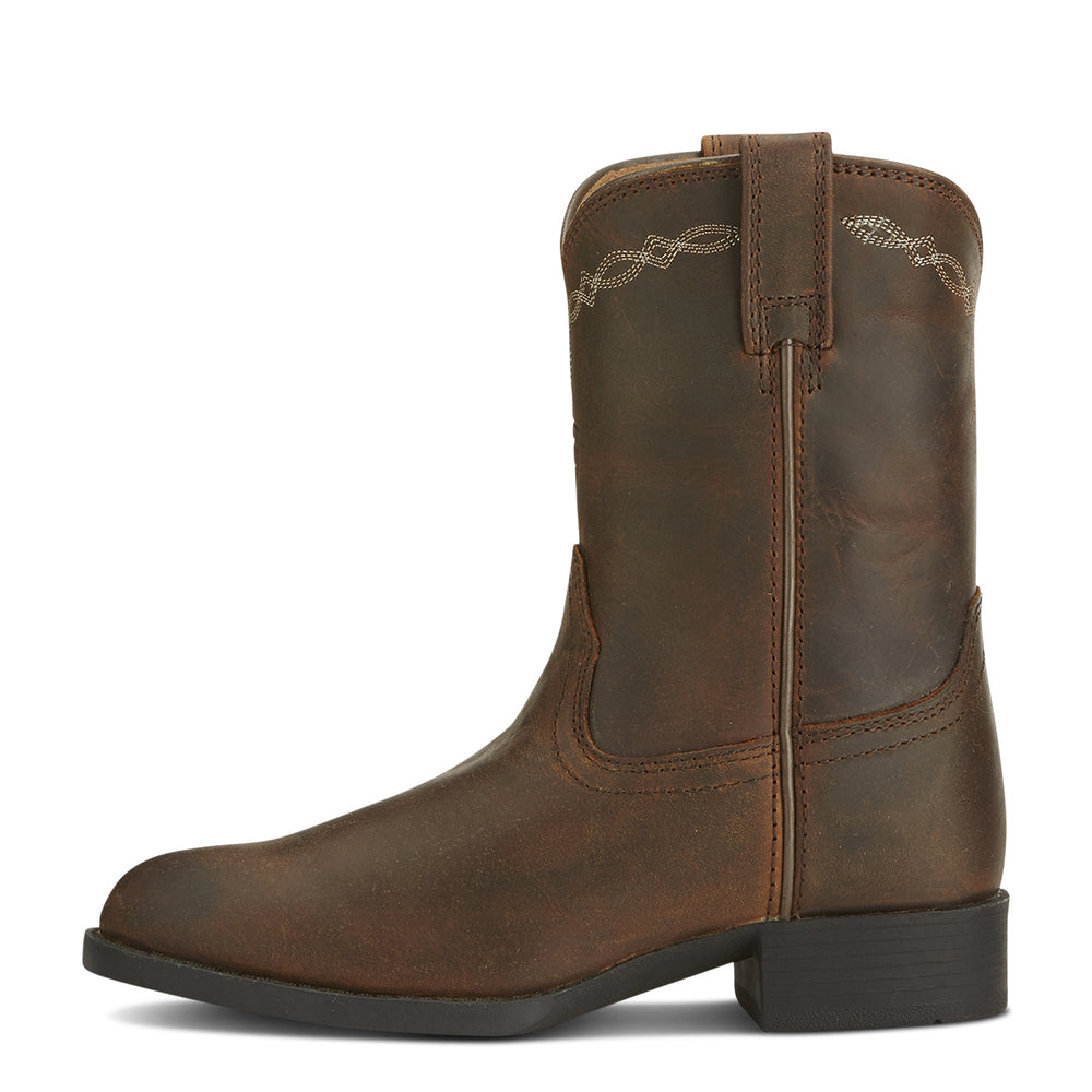 Ariat Kids Heritage Roper boot in distressed brown leather, side view