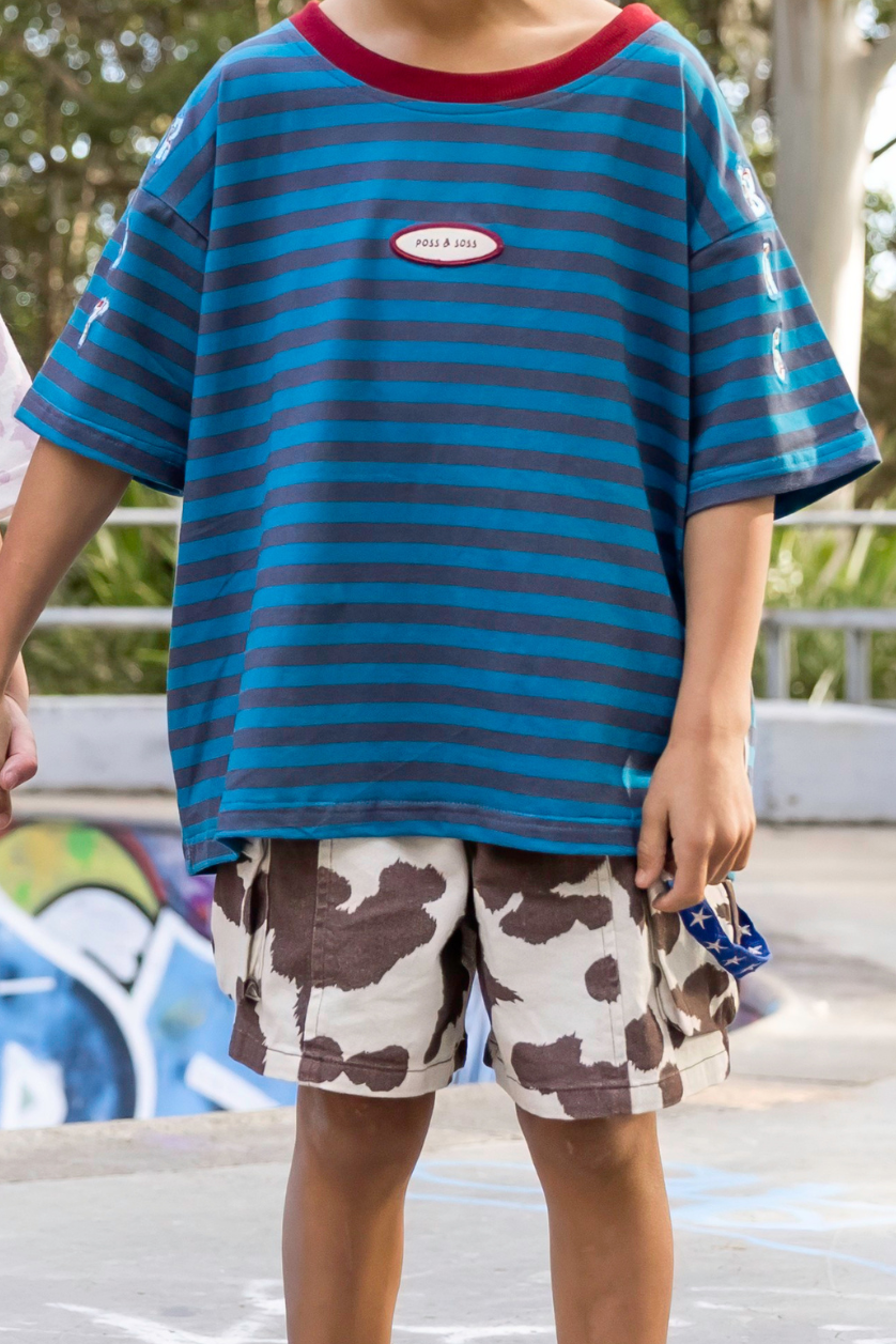 Poss & Soss Ratbag oversized kids tee, blue and grey marle stripes with maroon neck rib, front view