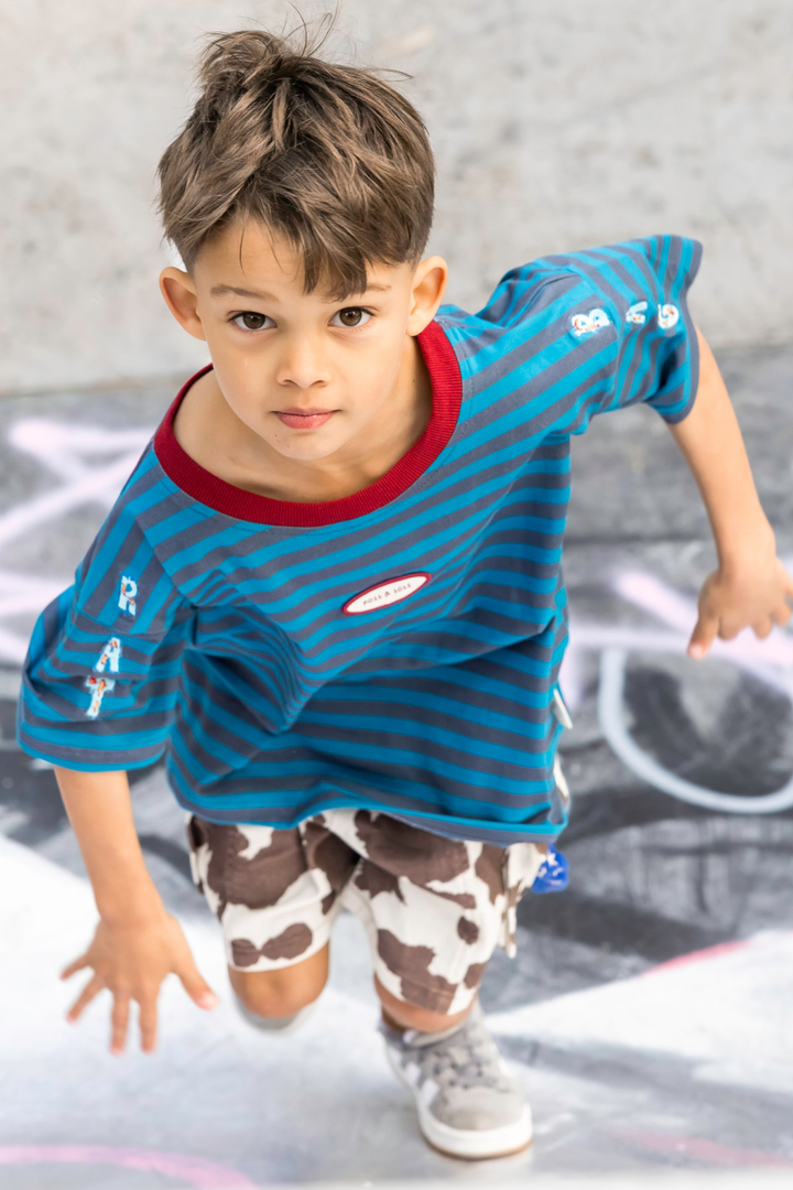 Poss &amp; Soss Ratbag oversized kids tee, blue and grey marle stripes with maroon neck rib, view 6 of 9