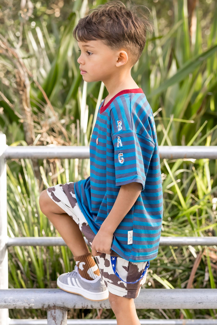 Poss &amp; Soss Ratbag oversized kids tee, blue and grey marle stripes with maroon neck rib, view 3 of 9