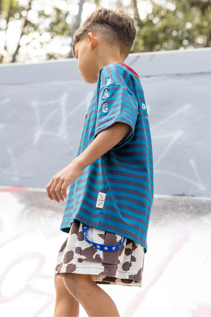 Poss &amp; Soss Ratbag oversized kids tee, blue and grey marle stripes with maroon neck rib, view 7 of 9