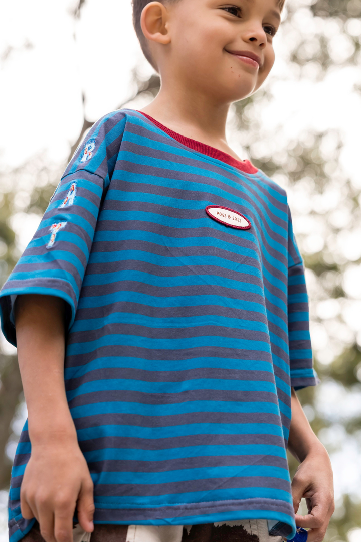 Poss &amp; Soss Ratbag oversized kids tee, blue and grey marle stripes with maroon neck rib, view 5 of 9