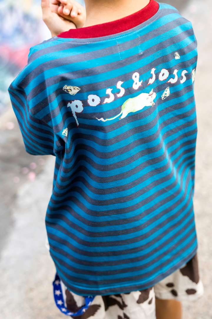 Poss &amp; Soss Ratbag oversized kids tee, blue and grey marle stripes with maroon neck rib, view 4 of 9