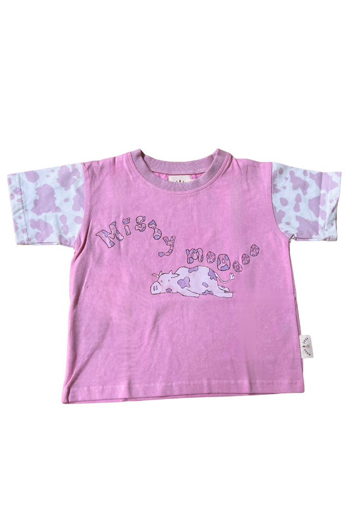 Poss &amp; Soss Missy Moo oversized kids tee, acid-wash pink with lilac cow print sleeves, view 8 of 9