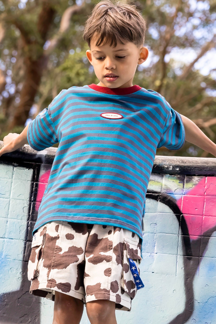 Poss &amp; Soss Ratbag oversized kids tee, blue and grey marle stripes with maroon neck rib, view 2 of 9