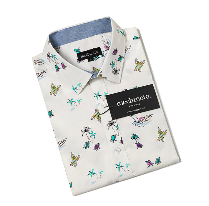 Mechmoto S/S Shirt with Surfboard Print and Contrast in Collar and Cuffs in White - photo 1 of 1