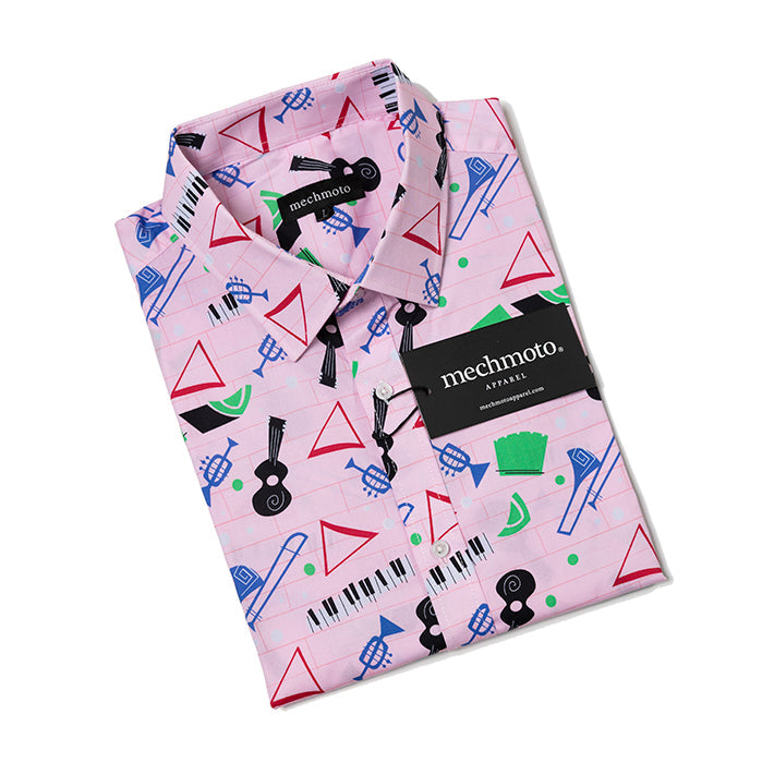 Mechmoto S/S Cotton Stretch Shirt with Music Instrument Print and Two Back Darts in Pink - photo 1 of 1