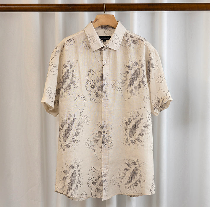 Mechmoto Linen Broken Floral S/S Shirt with Back Box Pleat in White - photo 1 of 1