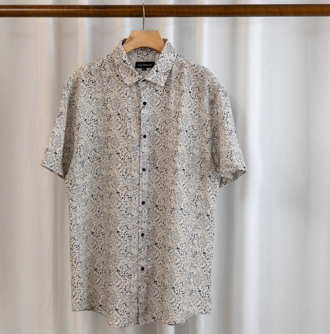 Mechmoto S/S Linen Shirt with Floral Print and Back Box Pleat in Natural - photo 1 of 1