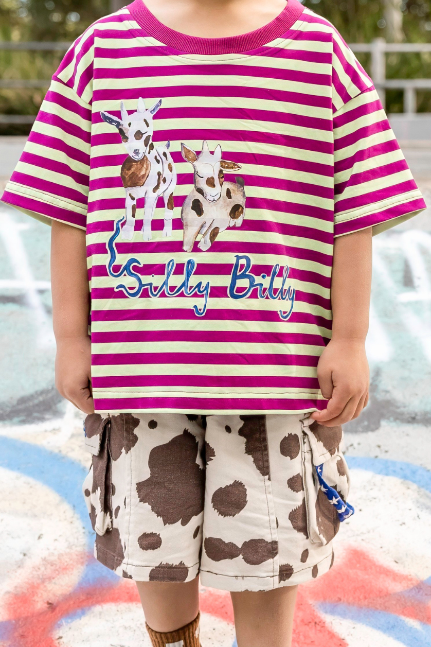 Poss & Soss Silly Billy oversized kids tee, magenta and lime green stripes, front view