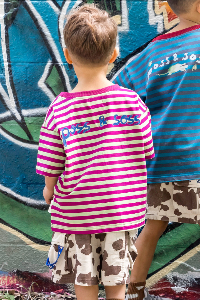 Poss &amp; Soss Silly Billy oversized kids tee, magenta and lime green stripes, view 3 of 7