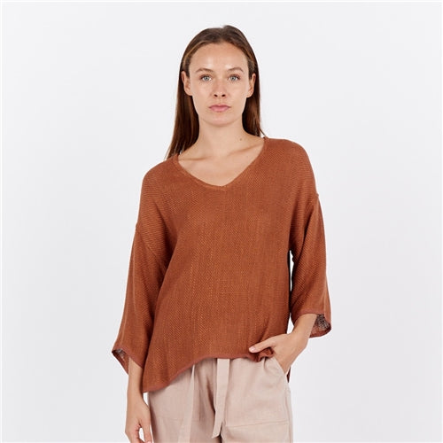 Carbon The Label - Estelle Hessian 3/4 V Neck Top - Tanzine
