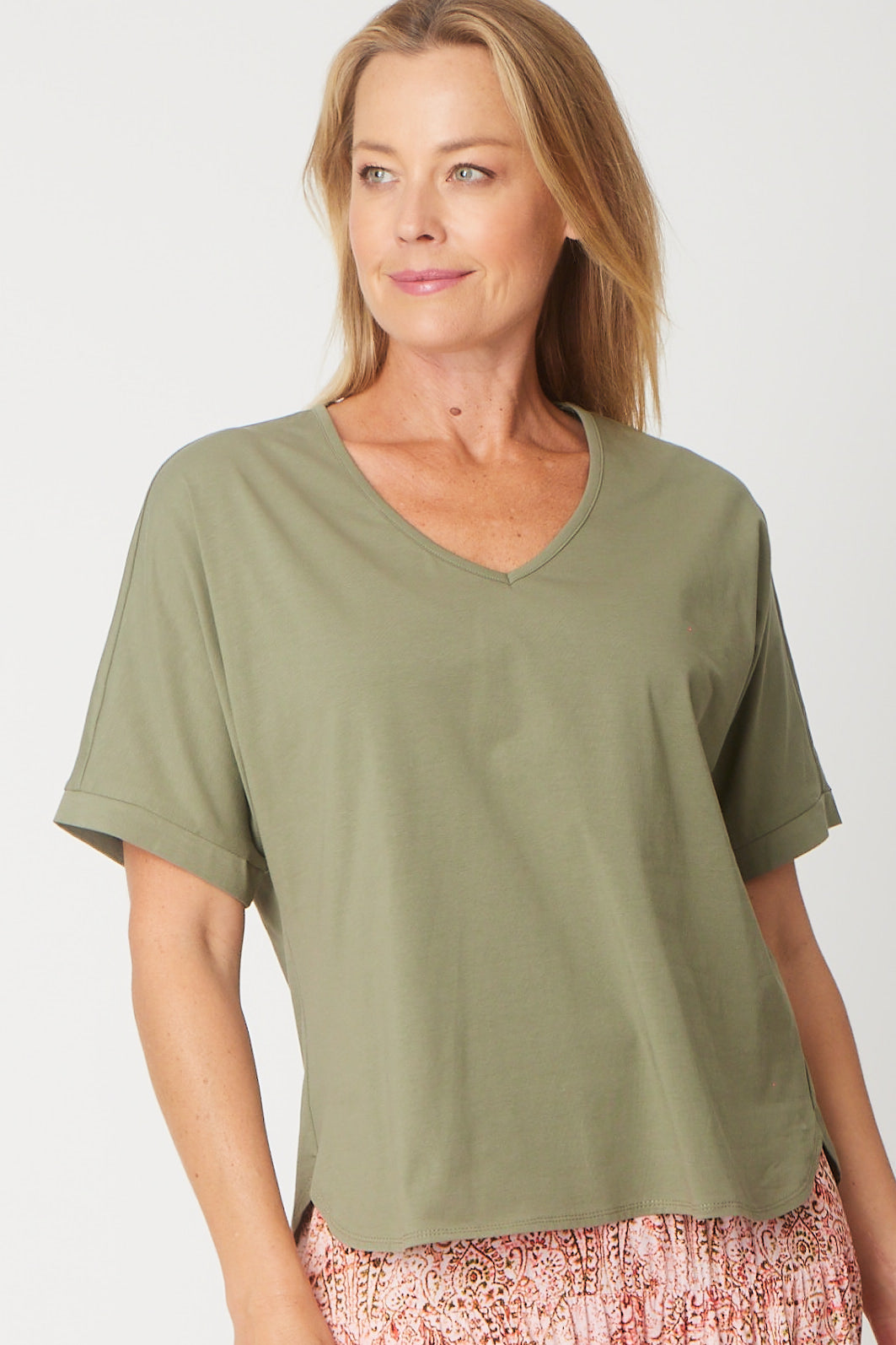 Cordelia St Relaxed Cotton Summer V Tee in Khaki, view 1