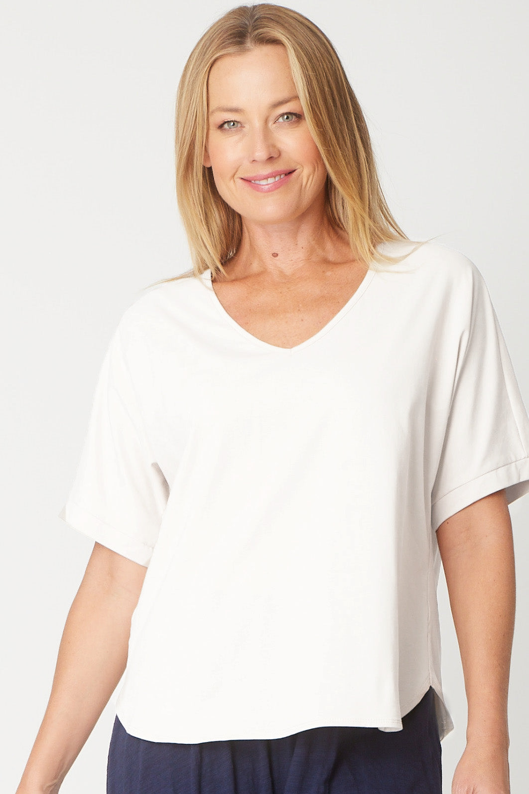 Cordelia St Relaxed Cotton Summer V Tee in White, view 1