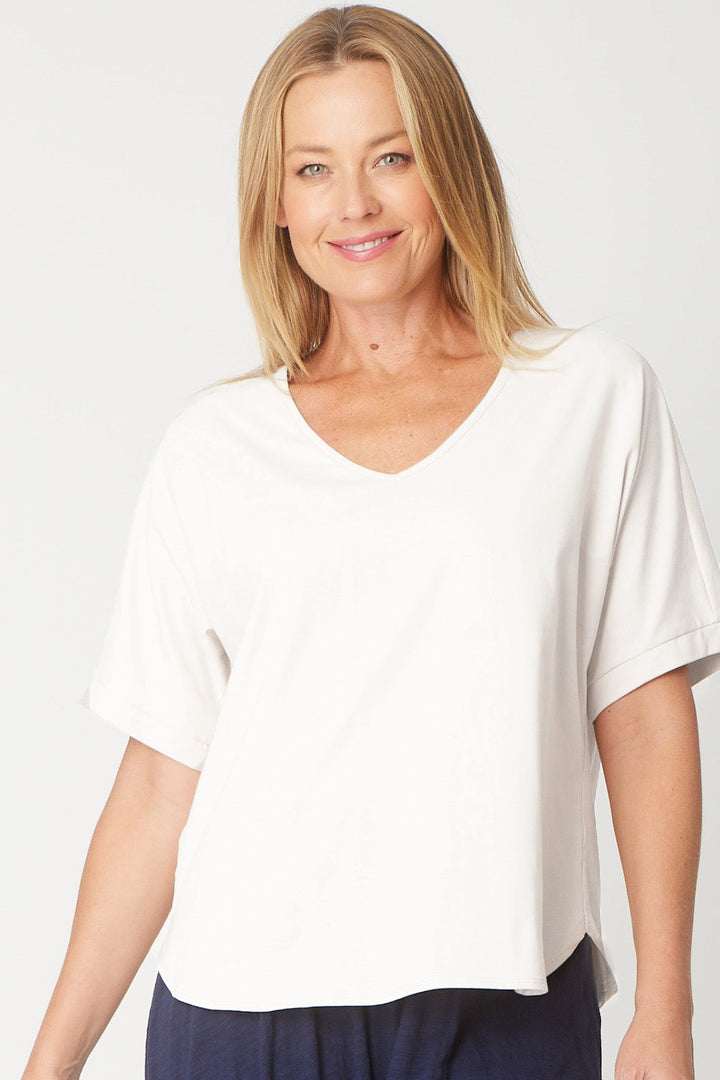 Cordelia St Relaxed Cotton Summer V Tee in White, view 1