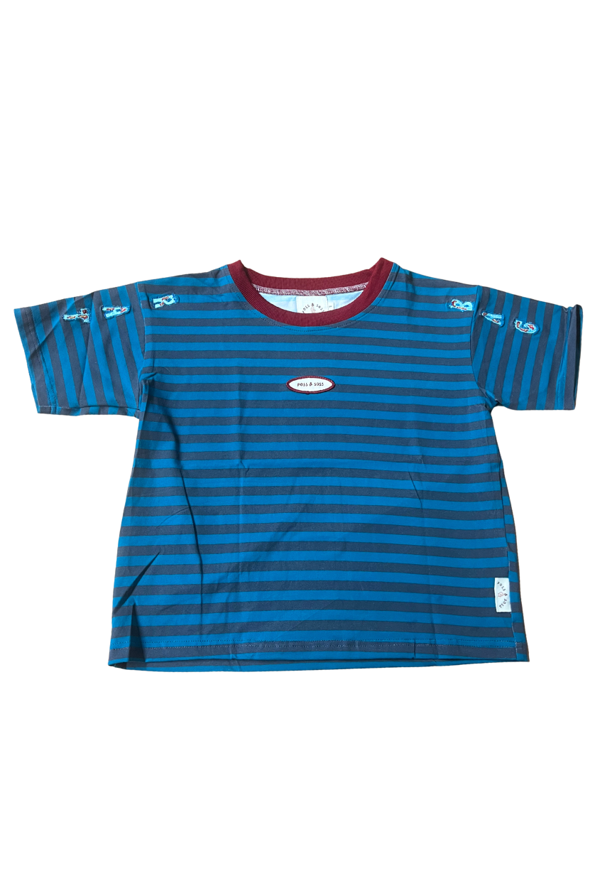 Poss &amp; Soss Ratbag oversized kids tee, blue and grey marle stripes with maroon neck rib, view 8 of 9