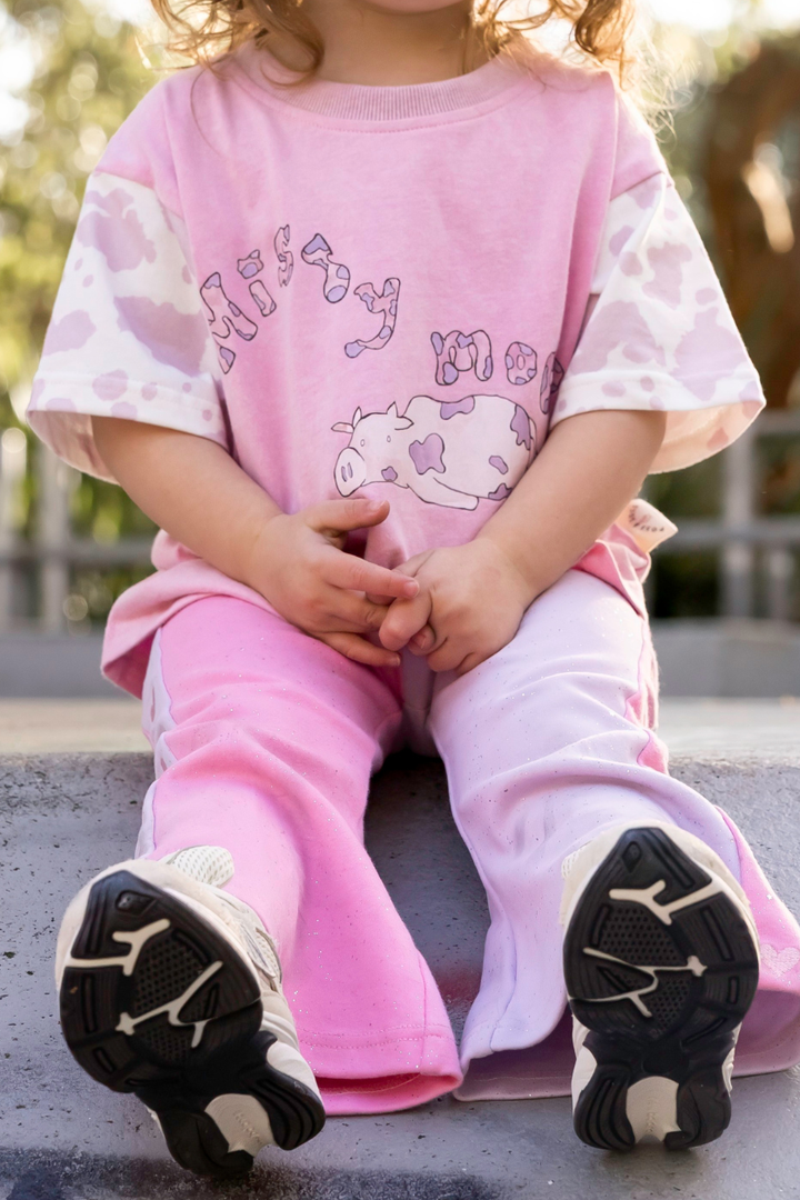 Poss &amp; Soss Missy Moo oversized kids tee, acid-wash pink with lilac cow print sleeves, view 5 of 9
