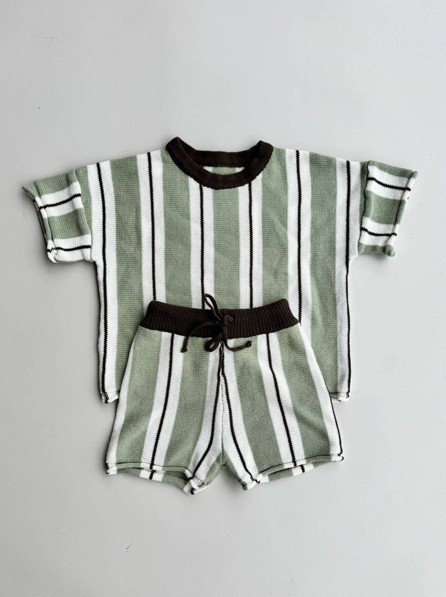 Freckles Retro Stripe Knit Set in Wildwood laid flat, tee and shorts