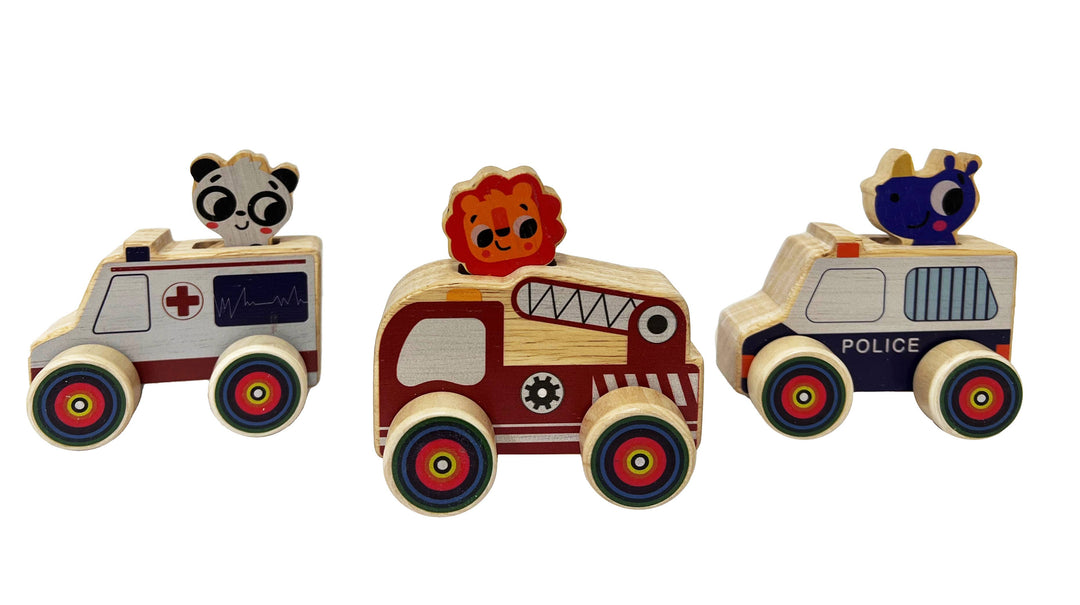 ToysLink Wooden Mini Wheelie Emergency Vehicles with Animals