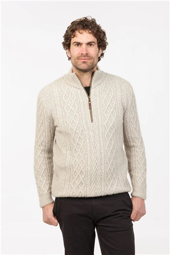 Native World Possum Merino Arran Half Zip Sweater - Natural