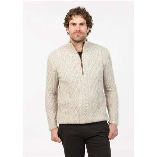 Native World Possum Merino Arran Half Zip Sweater - Natural