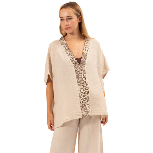 Vera May - Italian Linen V Neck - Leopard trim -Beige