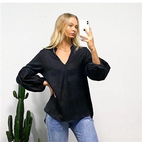 White Closet - V-Neck Long Sleeve - Elastic Cuff - Black