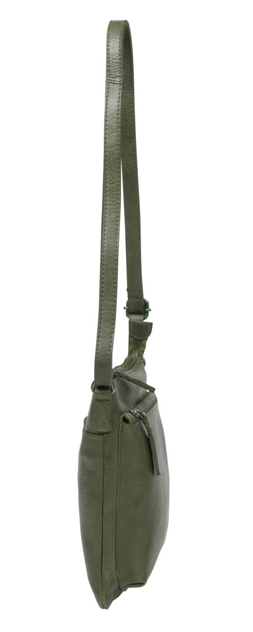 Modapelle Soft Cow Leather Multi Compartment Cross Body Bag in Olive, side view
