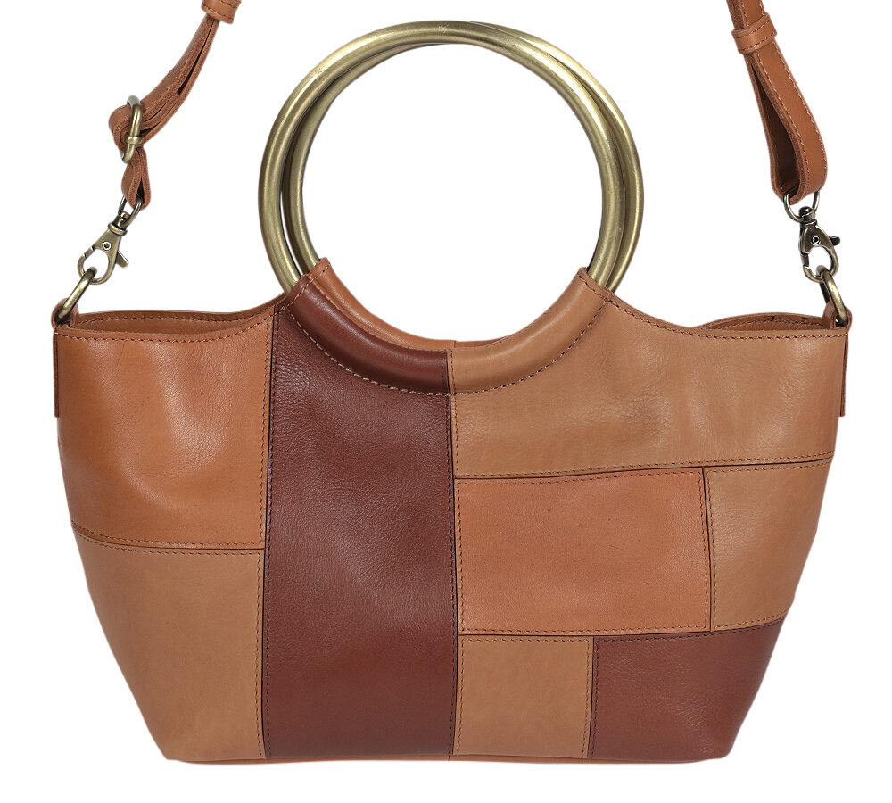 Modapelle Vintage Leather Cross Body Handbag in Tan/Multi, front view