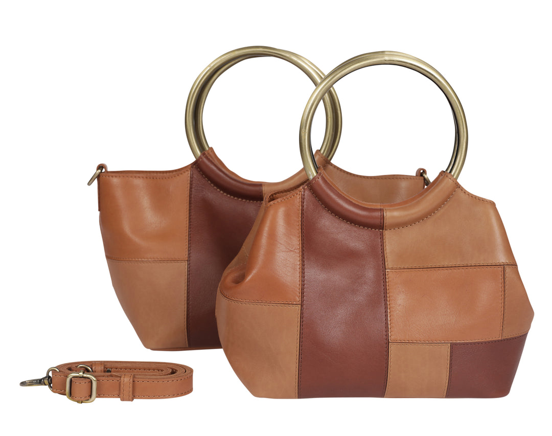 Modapelle Vintage Leather Cross Body Handbag in Tan/Multi, front view