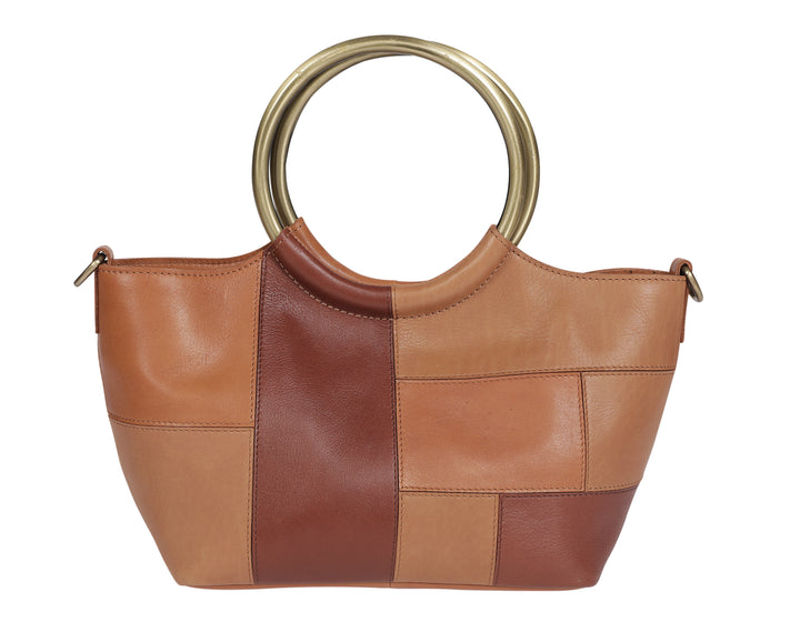 Modapelle Vintage Leather Cross Body Handbag in Tan/Multi, front view