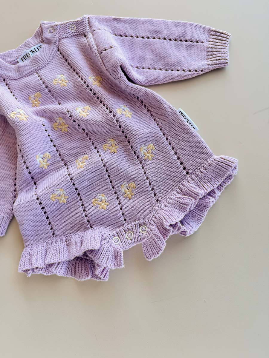 Freckles Bloom Pointelle LS Romper in Aster, frilled legs and snap opening