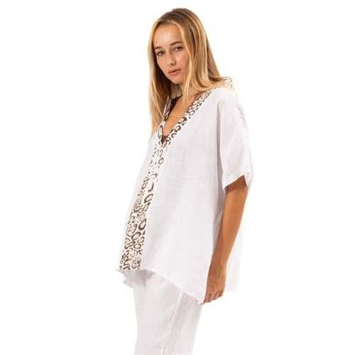 Vera May - Italian Linen V Neck - Leopard trim -White