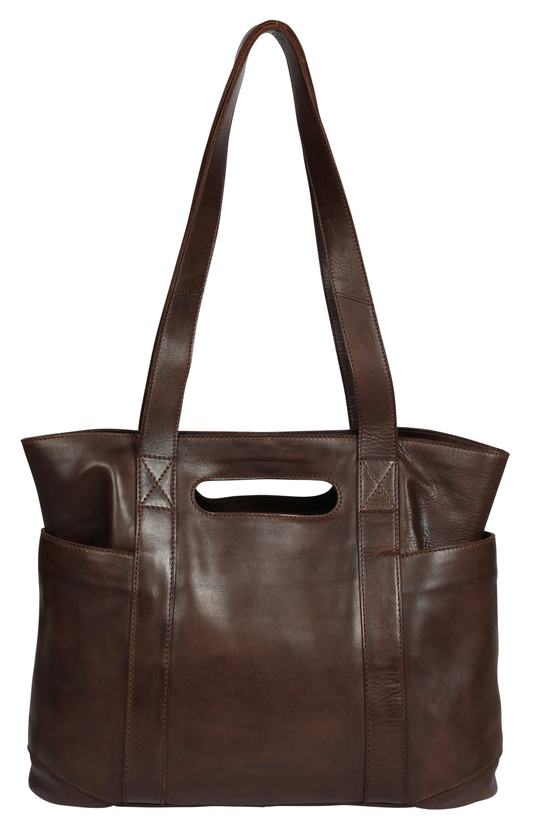Modapelle Vintage Leather Large Business Tote Bag in Brown, back view