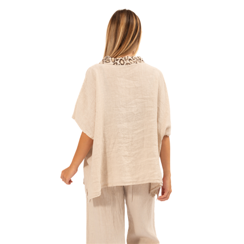 Vera May - Italian Linen V Neck - Leopard trim -Beige