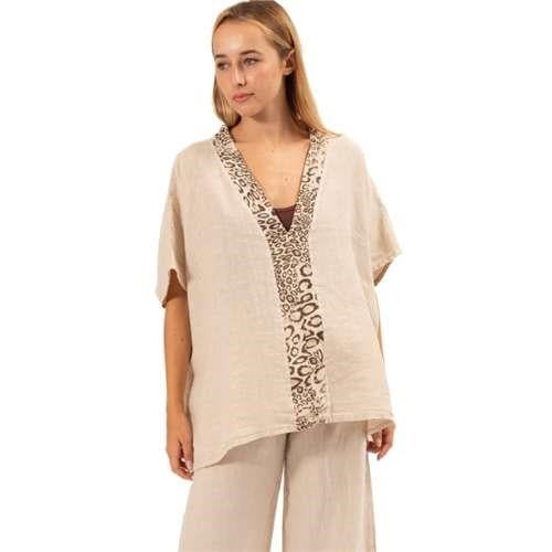 Vera May - Italian Linen V Neck - Leopard trim -Beige