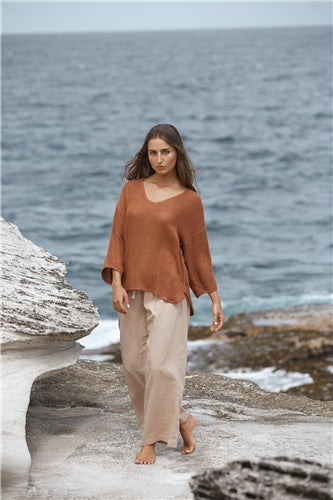 Carbon The Label - Estelle Hessian 3/4 V Neck Top - Tanzine