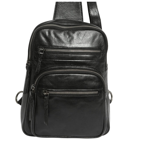Modapelle Soft Cow Leather Multi Zip Comp/Pockets Cross Body Black