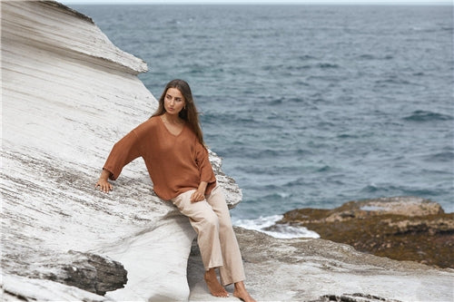 Carbon The Label - Estelle Hessian 3/4 V Neck Top - Tanzine