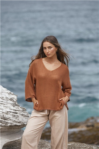 Carbon The Label - Estelle Hessian 3/4 V Neck Top - Tanzine