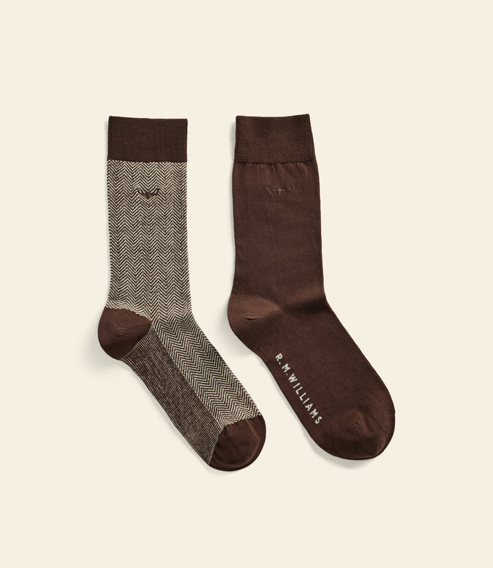 R.M.Williams Nelson herringbone sock 2 pack - Hot Fudge