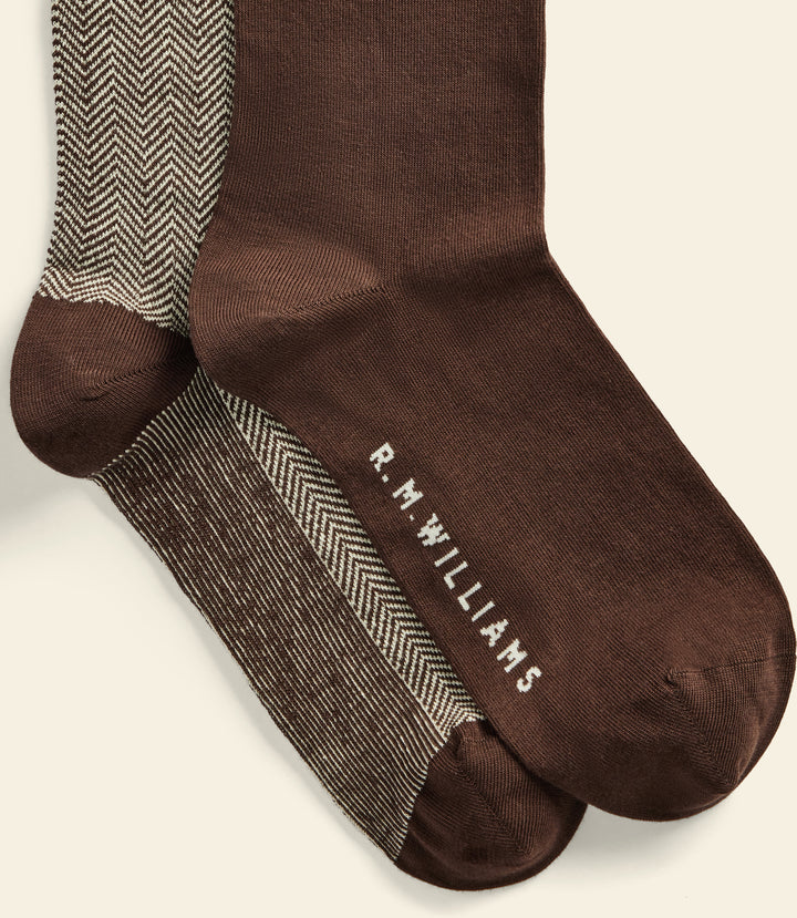 R.M.Williams Nelson herringbone sock 2 pack - Hot Fudge