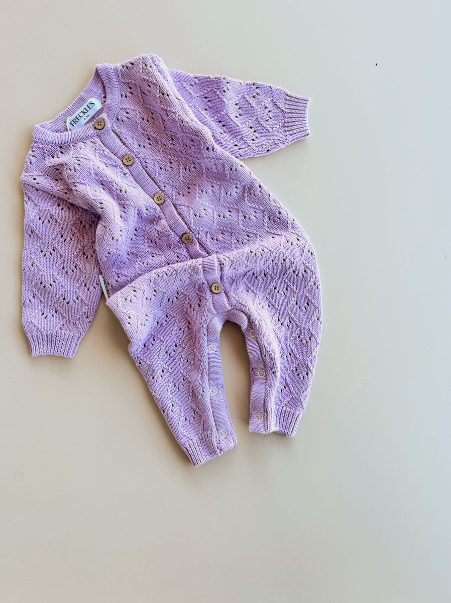 Freckles Mila Pointelle Full Romper in Aster, folded