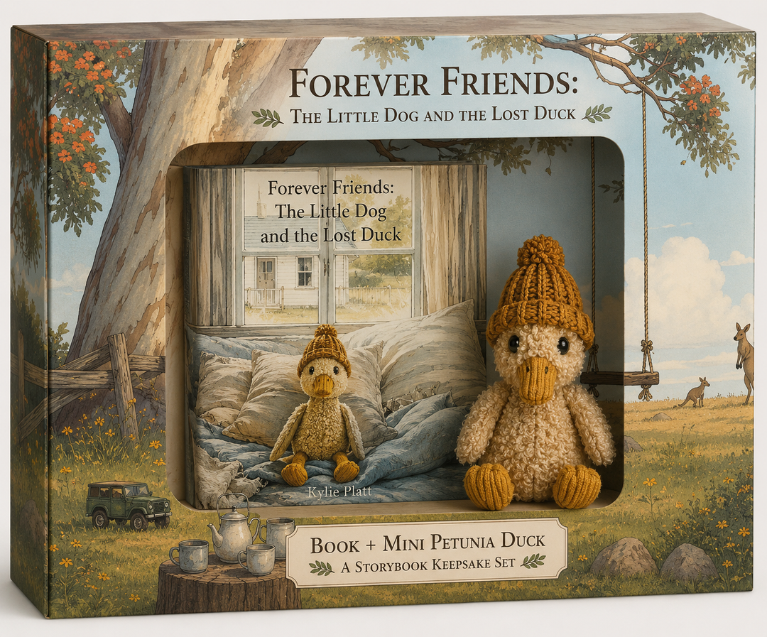 Forever Friends gift box with The Little Dog and the Lost Duck hardcover book and mini Petunia duck plush in the window