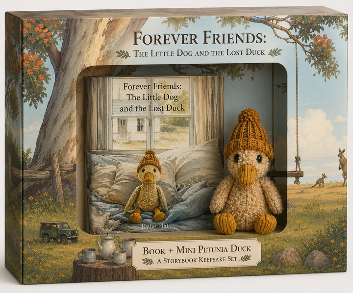 Forever Friends gift box with The Little Dog and the Lost Duck hardcover book and mini Petunia duck plush in the window